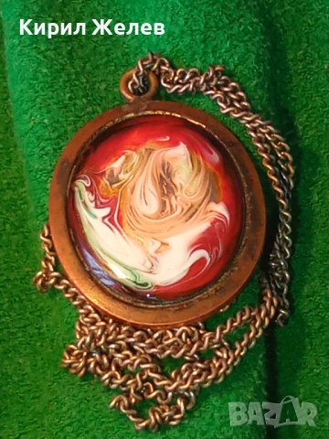 СТАРИНЕН МЕДЕН МЕДАЛЬОН УНИКАТ с ВЕНЕЦИАНСКО СТЪКЛО МУРАНО и ДЕБЕЛО ПОСРЕБРЕНА МЕДНА ВЕРИЖКА 36467