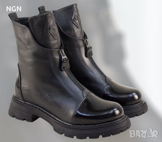 Модерни дамски боти с два ципа в черен цвят с лачени детайли, снимка 6 - Дамски боти - 42259366