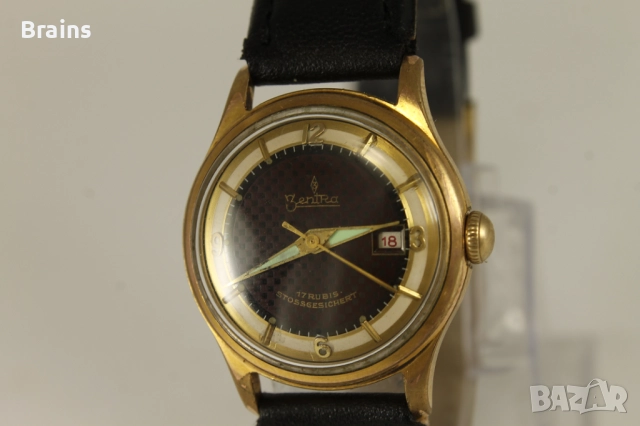 1940's ZENTRA Позлатен Немски Часовник Шахматен Циферблат, снимка 3 - Антикварни и старинни предмети - 51786280