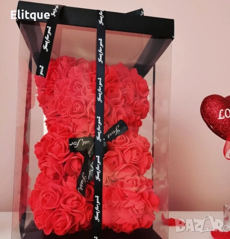 Плюшено мече с LED рози - подарък за мама, момиче, баба - комплект вечни рози 25 см