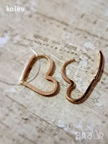 Златни обеци, тип халки, модел СЪРЦЕ с цирконии 2.52 грама 14К, снимка 3 - Обеци - 48705176