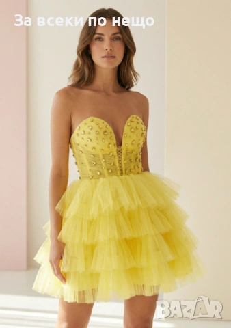 Дамска Къса Жълта Елегантна Тюлена Рокля Без Презрамки Код Roni6