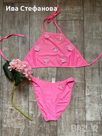 Кокетен цикламено неоново розов бански костюм с 3D 3Д цветя размер М , снимка 3 - Бански костюми - 41677097