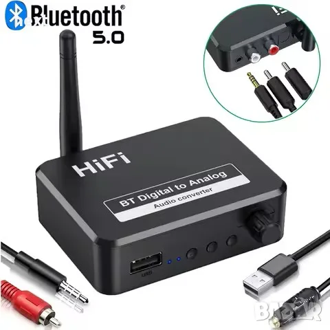 Bluetooth 5.0 аудио приемник и DAC конвертор – Optical Toslink към RCA / 3.5 мм AUX + Гаранция