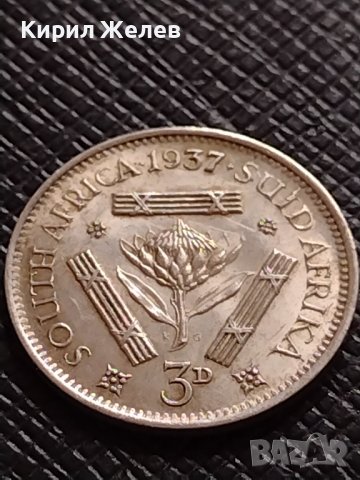 СРЕБЪРНА МОНЕТА 3 пенса 1937г. Южна Африка крал Джордж шести УНИКАТ 26814, снимка 2 - Нумизматика и бонистика - 40212428