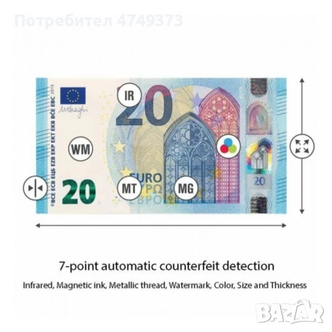 Детектор за фалшиви банкноти EURO, USD UV/MG/IR, снимка 2 - Друго търговско оборудване - 53664652