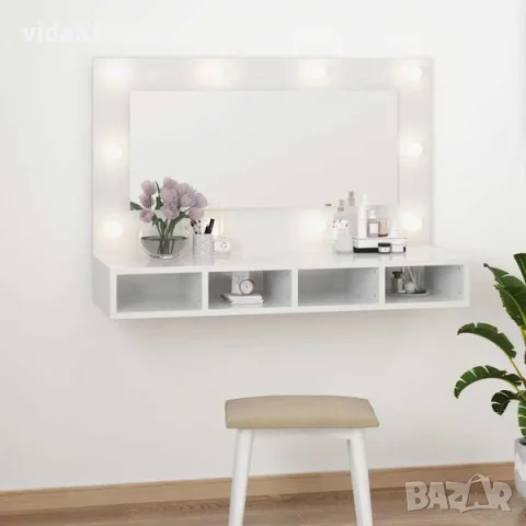 vidaXL Огледален шкаф с LED, бял гланц, 90x31,5x62 см（SKU: 808897）, снимка 2 - Тоалетки - 56123403