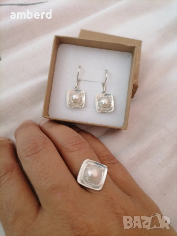 Страхотен сребърен комплект с перли, снимка 3 - Бижутерийни комплекти - 53557210