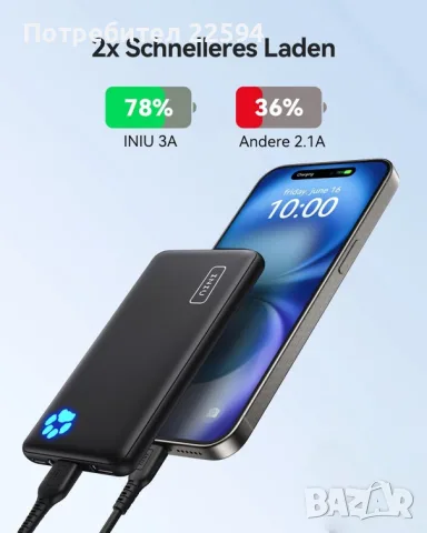 INIU Power Bank 10 000mAh Тънък високоскоростен USB‑C вход/изход тройни 3A – Черен, снимка 3 - Външни батерии - 55965097
