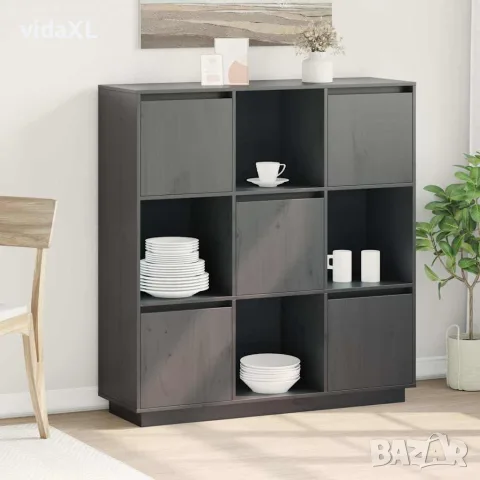 vidaXL Висок шкаф, сив, 110,5x35x117 см, борово дърво масив, снимка 2 - Бюфети - 56147932