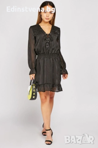 Разпродажба! Дамска елегантна рокля с дълъг ръкав и връзки на деколтето, снимка 2 - Рокли - 53093421