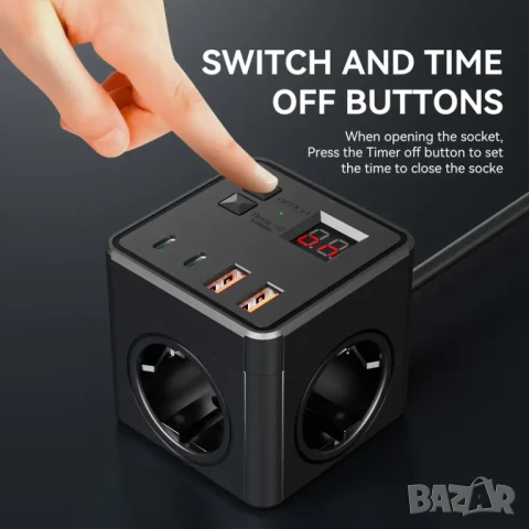 Разклонител PowerCube с USB и бутон – 3 контакта + 2 USB порта, защита от пренапрежение, 2 м кабел, снимка 4 - Друга електроника - 50925194