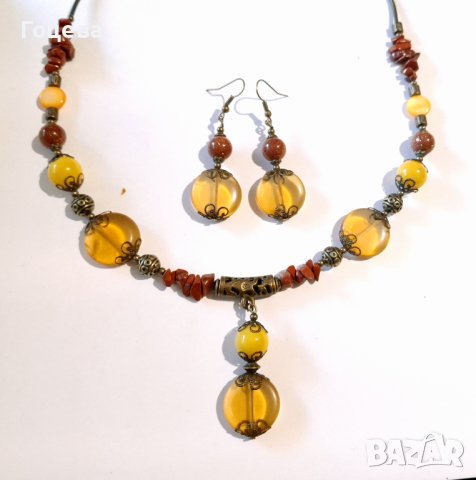 Уникален Бохо комплект бижута обици и колие с камъни Цитрин, Седеф,Яспис,Слънчев камък , снимка 4 - Бижутерийни комплекти - 42550962