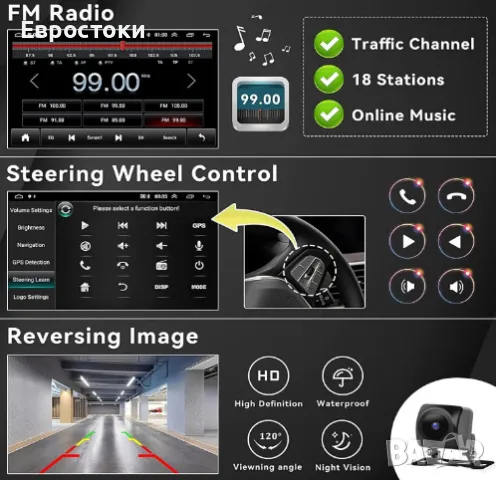 Универсална мултимедия CAMECHO, 2+64G, Android 13, сензорен екран  инча, безжичен CarPlay, GPS, снимка 4 - Аксесоари и консумативи - 49244025