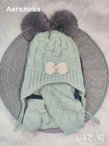 Зимен комплект шапка, шал и ръкавички за момиче 0-18м, снимка 5 - Бебешки шапки - 38558370