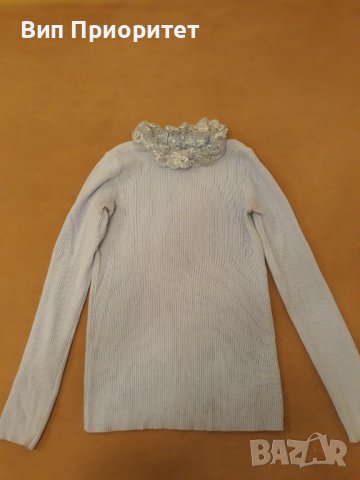 Италианска плетена светло синя блузка с дълъг ръкав , изчистена отпред и отзад и с ефектна дантелена, снимка 1 - Блузи с дълъг ръкав и пуловери - 39217923