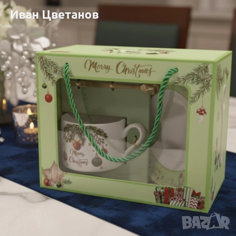 Коледен подаръчен комплект – Керамична чаша с лъжичка и чинийка в празнична кутия