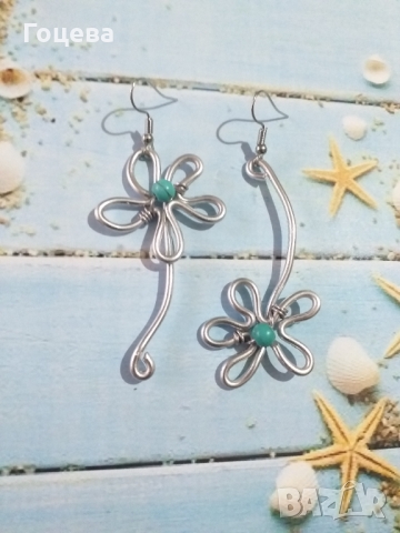 Асиметрични Арт обици Цвете с Тюркоаз , снимка 1