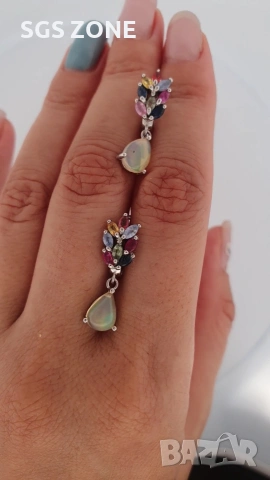 Сребърни обеци с многоцветен сапфир и опал от Тайланд, снимка 2 - Обеци - 53440823