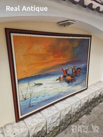 Огромна антикварна авторска майсторска картина масло върху платно , снимка 6 - Картини - 51272362