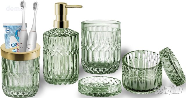 5 бр. Комплект аксесоари за баня, модерен декориран кристален ретро, прозрачно зелено стъкло
