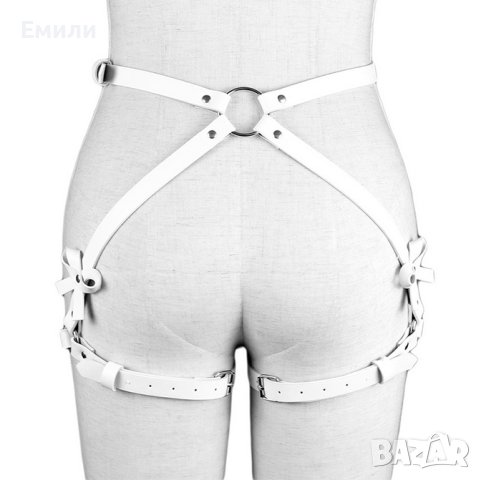 BDSM бял кожен харнес нашийник колан с панделки за тяло, снимка 4 - Колани - 42163872