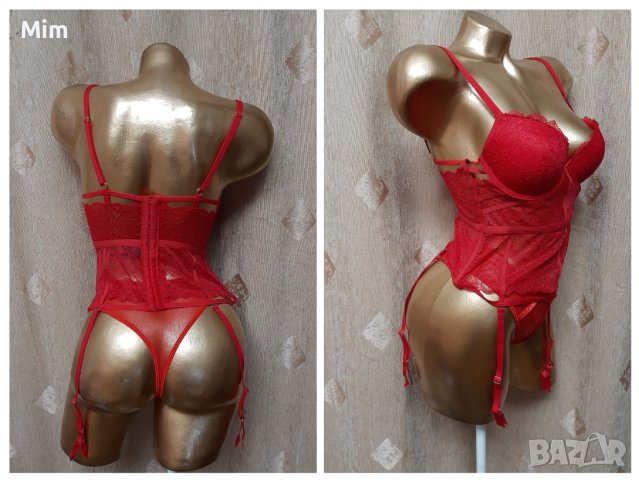M  К-т Червен дантелен корсет с жартиери и полупрашка 