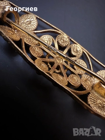 Антикварна филигранна брошка – сребро, златна позлата, снимка 3 - Други - 52859456