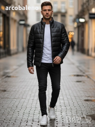 Мъжко черно зимно ватирано кожено яке, снимка 2 - Якета - 52923695