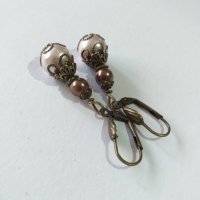 Красив Викториански Перлен комплект с розови и кафяви кристални перли и бронзови орнаменти , снимка 5 - Бижутерийни комплекти - 40709384