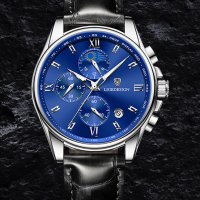 Lige Design Silver Blue Black 8951D Луксозен мъжки кварцов часовник с кожена каишка, снимка 1 - Луксозни - 40577517