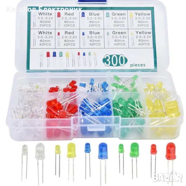 Комплект 300 светодиода, 5 цвята, 5мм и 3мм диоди, снимка 1