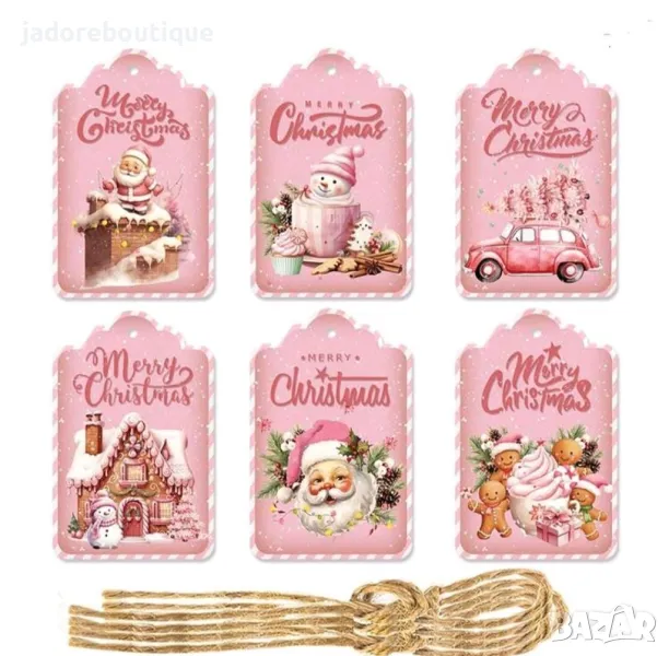 18 броя Коледни тагове розови + канап за връзване, снимка 1
