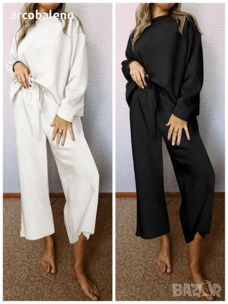 Дамски комплект от две части, широки панталони с блуза с дълъг ръкав, 2цвята , снимка 1