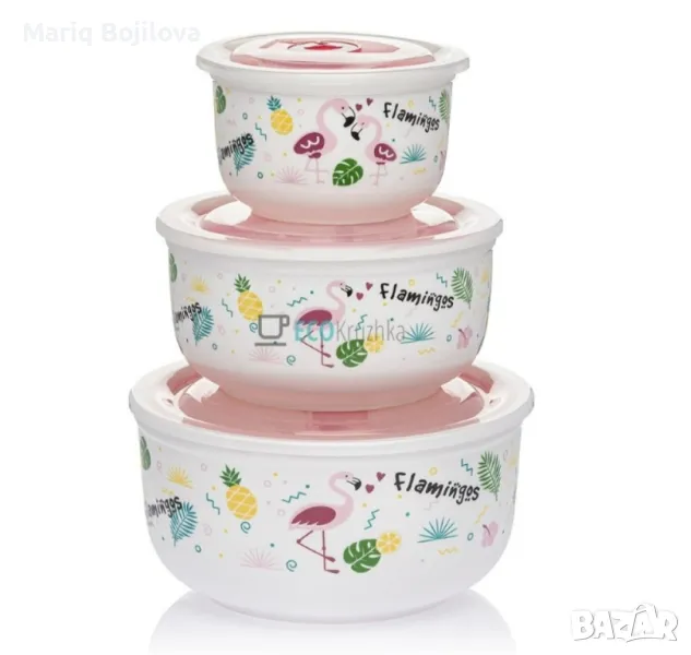 Комплект от 3 порцеланови купи за съхранение на храна с вакуумни силиконови капаци. , снимка 1