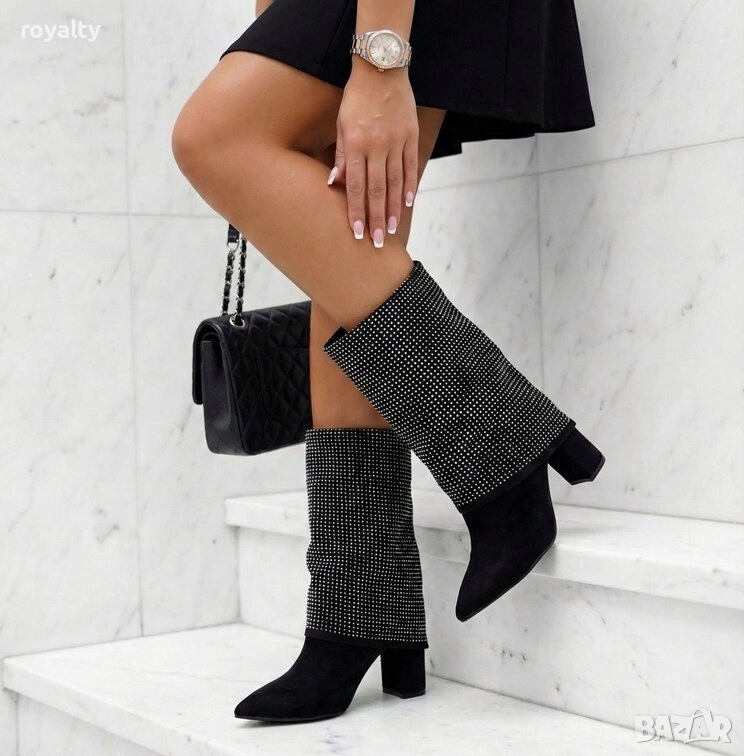 Боти на Ток - Черен Велур с Камъчета, снимка 1