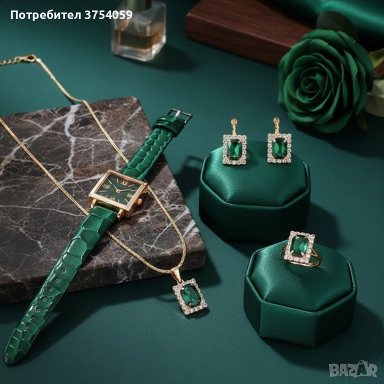 Елегантен комплект часовник и бижута с зелени кристали и златист корпус, снимка 1