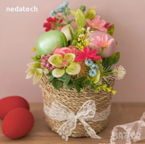 Великденска декоративна саксия с цветя, яйца, дантела и панделка, Ø11x20 см, снимка 2 - Декорация за дома - 53350142