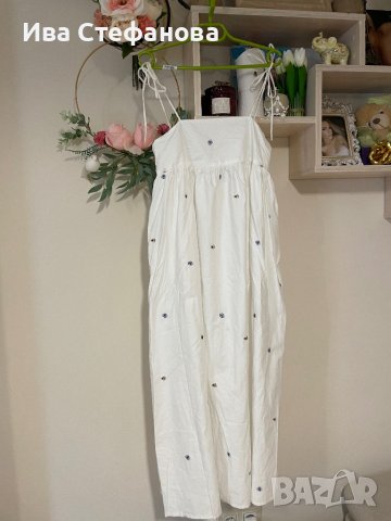 Нова дълга елегантна бяла рокля теменужки 100% памук , снимка 12 - Рокли - 41932782