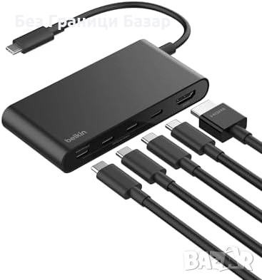 Нов USB-C адаптер Belkin с HDMI 4K 60Hz бърз трансфер 10Gbps 100W Хъб
