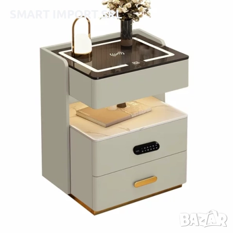 Интелигентно нощно шкафче Smart Heater LED, биометрично заключване, Bluetooth, бял