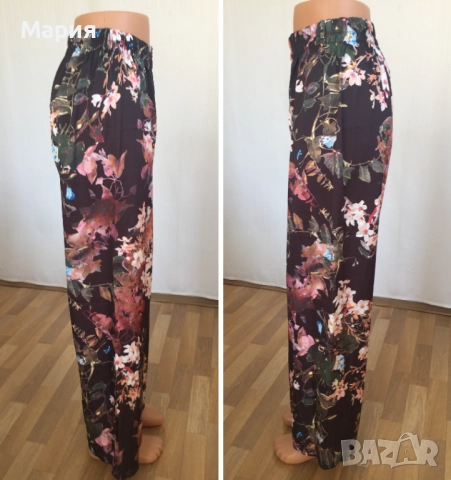 С размер Нов Италиански Дамски Летен Панталон New Collection Pink Широк Флорален Черен Цветен Шарен, снимка 14 - Панталони - 51823643