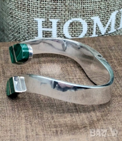 Mexico ювелирна масивна сребърна гривна с естествен малахит , снимка 3 - Гривни - 53035192