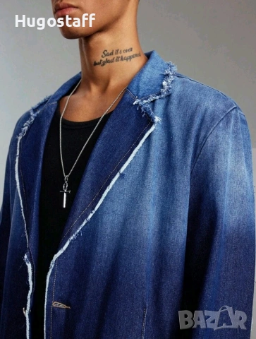 Ново мъжко дънково сако блейзър яке изтъркан ефект синьо деним памук ХЛ