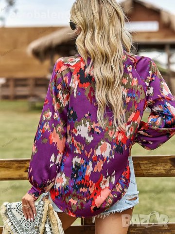 Дамска блуза с флорален принт и V-образно деколте, 4цвята - 023, снимка 13 - Блузи с дълъг ръкав и пуловери - 42038517