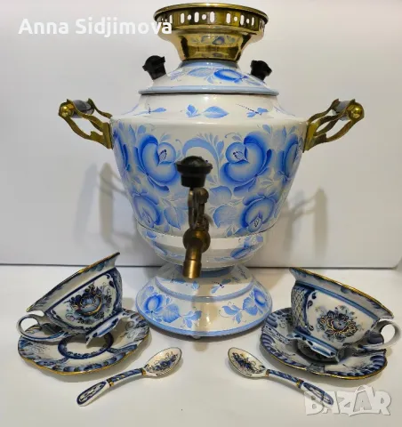 Гжель самовар и двоен сет за чай, снимка 2 - Чаши - 48258225