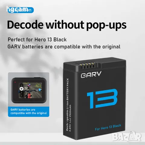 Зарядно устройство GARV Battery Charger Kit + 2бр. Батерии за GoPro Hero 13 Black, снимка 5 - Чанти, стативи, аксесоари - 48880679