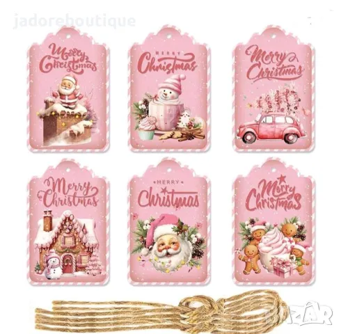 18 броя Коледни тагове розови + канап за връзване
