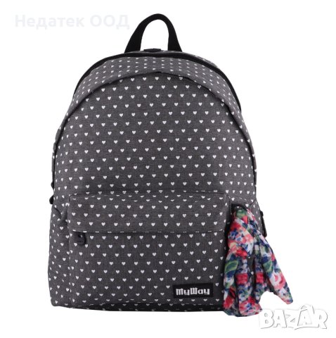Ученическа раница със подсилен гръб и бандана, Myway, Сива/ сърца