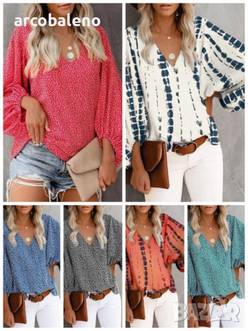 Дамска ежедневна риза с щампован фенерски ръкав с V-образно деколте, 9цвята 